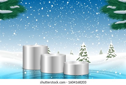 silver podiums in the snow in the forest