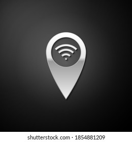 Silver Pointer map with wifi internet signal connection icon isolated on black background. Long shadow style. Vector.