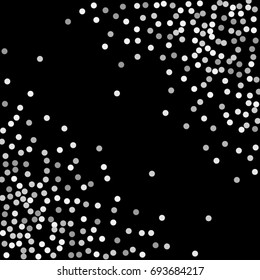 Silver points of confetti. Abstract chaotic scatter on a black background. Astral design. Vector illustration.