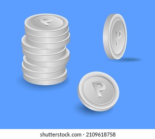 Silver points are stacked in the shape of three-dimensional coins and are expressed in various forms illustration set. 3d, lotto, metal, event, free, money. Vector drawing. Hand drawn style.