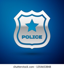 Silver Police badge icon isolated on blue background. Sheriff badge sign. Vector Illustration