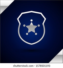 Silver Police badge icon isolated on dark blue background. Sheriff badge sign.  Vector Illustration