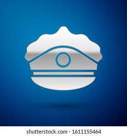 Silver Police cap with cockade icon isolated on blue background. Police hat sign.  Vector Illustration