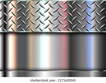 Silver polished steel texture background, shiny chrome metallic with diamond plate iridescence texture, 3d vector lustrous metal design.