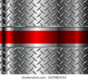 Silver polished steel texture background, shiny red chrome metallic with diamond plate iridescence texture, 3d vector lustrous metal design.