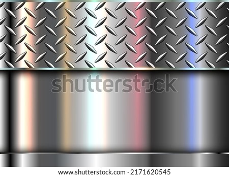 Silver polished steel texture background, shiny chrome metallic with diamond plate iridescence texture, 3d vector lustrous metal design.
