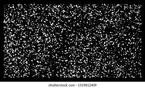 Silver polka dot small confetti on black background. Luxury festive background. Silver shiny abstract texture. Element of design. Vector 