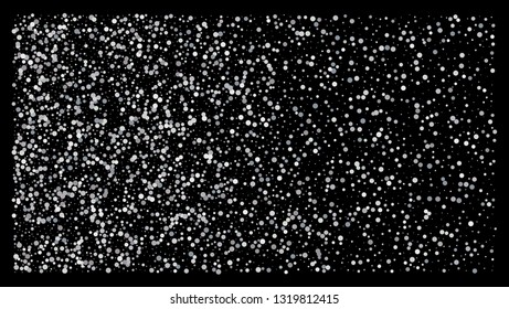 Silver polka dot small confetti on black background. Luxury festive background. Silver shiny abstract texture. Element of design. Vector 
