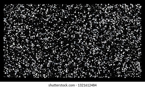 Silver polka dot small confetti on black background. Luxury festive background. Silver shiny abstract texture. Element of design. Vector 