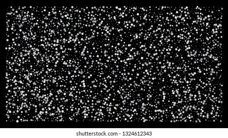 Silver polka dot small confetti on black background. Luxury festive background. Silver shiny abstract texture. Element of design. Vector 
