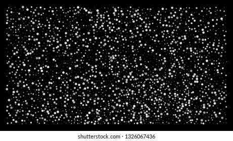 Silver polka dot small confetti on black background. Luxury festive background. Silver shiny abstract texture. Element of design. Vector 
