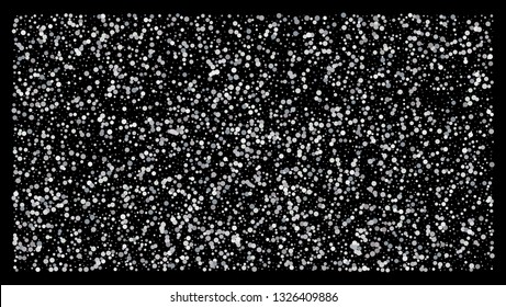 Silver polka dot small confetti on black background. Luxury festive background. Silver shiny abstract texture. Element of design. Vector 