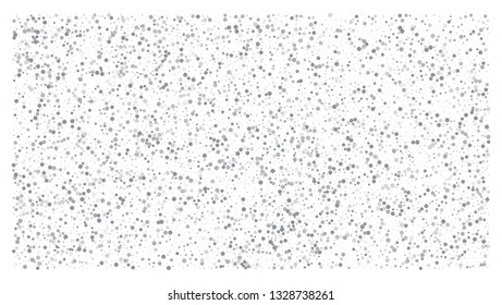 Silver polka dot small confetti on white background. Luxury festive background. Silver shiny abstract texture. Element of design. Vector 