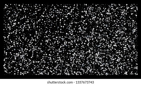 Silver polka dot small confetti on black background. Luxury festive background. Silver shiny abstract texture. Element of design. Vector 