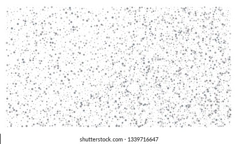 Silver polka dot small confetti on white background. Luxury festive background. Silver shiny abstract texture. Element of design. Vector 