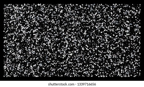 Silver polka dot small confetti on black background. Luxury festive background. Silver shiny abstract texture. Element of design. Vector 
