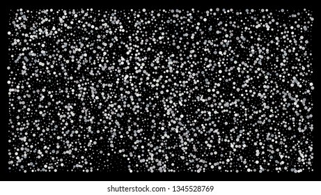 Silver polka dot small confetti on black background. Luxury festive background. Silver shiny abstract texture. Element of design. Vector 