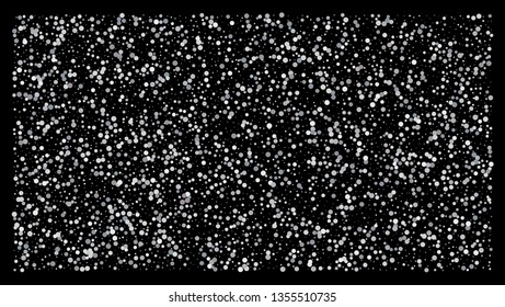 Silver polka dot small confetti on black background. Luxury festive background. Silver shiny abstract texture. Element of design. Vector 