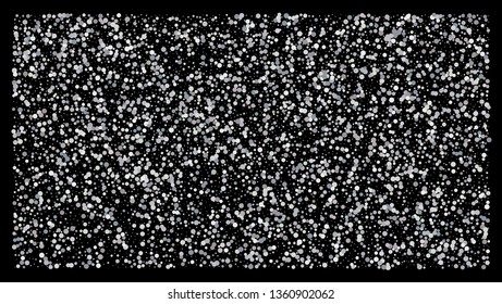 Silver polka dot small confetti on black background. Luxury festive background. Silver shiny abstract texture. Element of design. Vector 