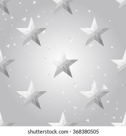 Silver polygonal shape: american star on white silver sparkle background. Metal polygonal seamless pattern in hipster triangle low poly style. Silver background for vip, gift, website techno design