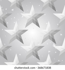 Silver polygonal shape: american star on white silver sparkle background. Metal polygonal seamless pattern in hipster triangle low poly style. Silver background for vip, gift, website techno design