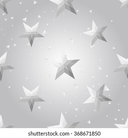 Silver polygonal shape: american star on white silver sparkle background. Metal polygonal seamless pattern in hipster triangle low poly style. Silver background for vip, gift, website techno design