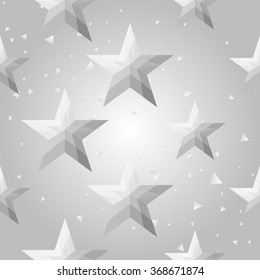 Silver polygonal shape: american star on white silver sparkle background. Metal polygonal seamless pattern in hipster triangle low poly style. Silver background for vip, gift, website techno design