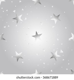 Silver polygonal shape: american star on white silver sparkle background. Metal polygonal seamless pattern in hipster triangle low poly style. Silver background for vip, gift, website techno design