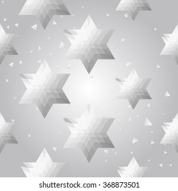 Silver polygonal shape: david star on white silver sparkle background. Metal polygonal seamless pattern in hipster triangle low poly style. Silver background for vip, gift, website techno design