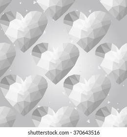 Silver polygonal shape: golden heart on white silver sparkle background. Metal polygonal seamless pattern in hipster triangle low poly style. Silver background for vip, gift, website techno design