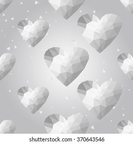 Silver polygonal shape: golden heart on white silver sparkle background. Metal polygonal seamless pattern in hipster triangle low poly style. Silver background for vip, gift, website techno design