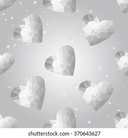 Silver polygonal shape: golden heart on white silver sparkle background. Metal polygonal seamless pattern in hipster triangle low poly style. Silver background for vip, gift, website techno design
