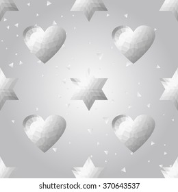 Silver polygonal shape: heart and david star on white silver sparkle background. Metal polygonal seamless pattern in hipster triangle low poly style. Silver background for vip, website techno design