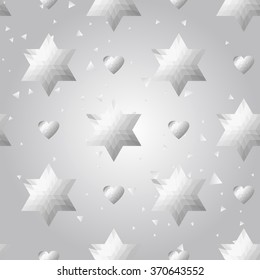 Silver polygonal shape: heart and david star on white silver sparkle background. Metal polygonal seamless pattern in hipster triangle low poly style. Silver background for vip, website techno design