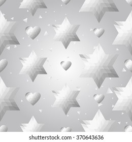 Silver polygonal shape: heart and david star on white silver sparkle background. Metal polygonal seamless pattern in hipster triangle low poly style. Silver background for vip website techno design