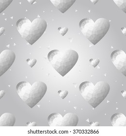 Silver polygonal shape: silver heart on white silver sparkle background. Metal polygonal seamless pattern in hipster triangle low poly style. Silver background for vip, gift, website techno design
