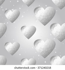 Silver polygonal shape: heart on white silver sparkle background. Metal polygonal seamless pattern in hipster triangle low poly style. Silver background for vip, gift, website techno design