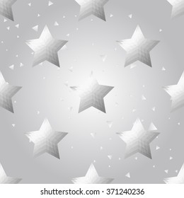 Silver polygonal shape: pentagram on white silver sparkle background. Metal polygonal seamless pattern in hipster triangle low poly style. Silver background for vip, gift, website techno design