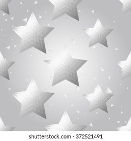 Silver polygonal shape: pentagram on white silver sparkle background. Metal polygonal seamless pattern in hipster triangle low poly style. Silver background for vip, gift, website techno design