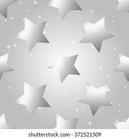 Silver polygonal shape: pentagram on white silver sparkle background. Metal polygonal seamless pattern in hipster triangle low poly style. Silver background for vip, gift, website techno design