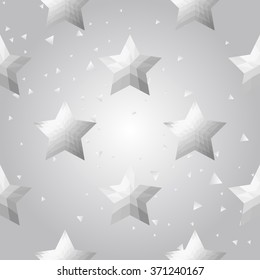 Silver polygonal shape: pentagram star on white silver sparkle background. Metal polygonal seamless pattern in hipster triangle low poly style. Silver background for vip, gift, website techno design