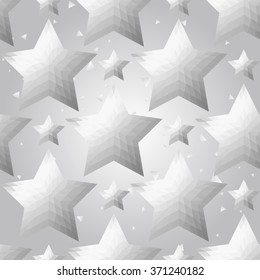 Silver polygonal shape: pentagram star on white silver sparkle background. Metal polygonal seamless pattern in hipster triangle low poly style. Silver background for vip, gift, website techno design
