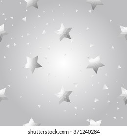 Silver polygonal shape: pentagram star on white silver sparkle background. Metal polygonal seamless pattern in hipster triangle low poly style. Silver background for vip, gift, website techno design