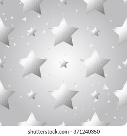 Silver polygonal shape: pentagram star on white silver sparkle background. Metal polygonal seamless pattern in hipster triangle low poly style. Silver background for vip, gift, website techno design