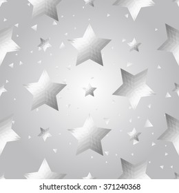 Silver polygonal shape: pentagram star on white silver sparkle background. Metal polygonal seamless pattern in hipster triangle low poly style. Silver background for vip, gift, website techno design