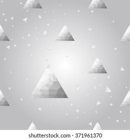 Silver polygonal shape: pyramid on white silver sparkle background. Metal polygonal seamless pattern in hipster triangle low poly style. Silver background for vip, gift, website techno design