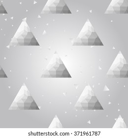 Silver polygonal shape: pyramid on white silver sparkle background. Metal polygonal seamless pattern in hipster triangle low poly style. Silver background for vip, gift, website techno design