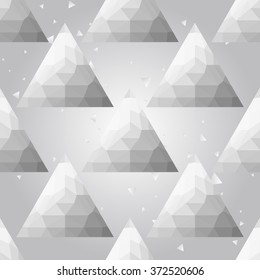 Silver polygonal shape: pyramid on white silver sparkle background. Metal polygonal seamless pattern in hipster triangle low poly style. Silver background for vip, gift, website techno design