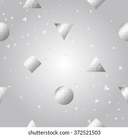 Silver polygonal shape: pyramid, rhombus, circle, triangle on white silver sparkle background. Metal polygonal seamless pattern in hipster triangle low poly style. Silver background for techno design