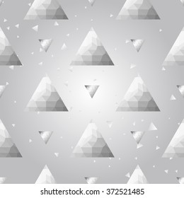Silver polygonal shape: pyramid triangle on white silver sparkle background. Metal polygonal seamless pattern in hipster triangle low poly style. Silver background for vip, gift, website techno design